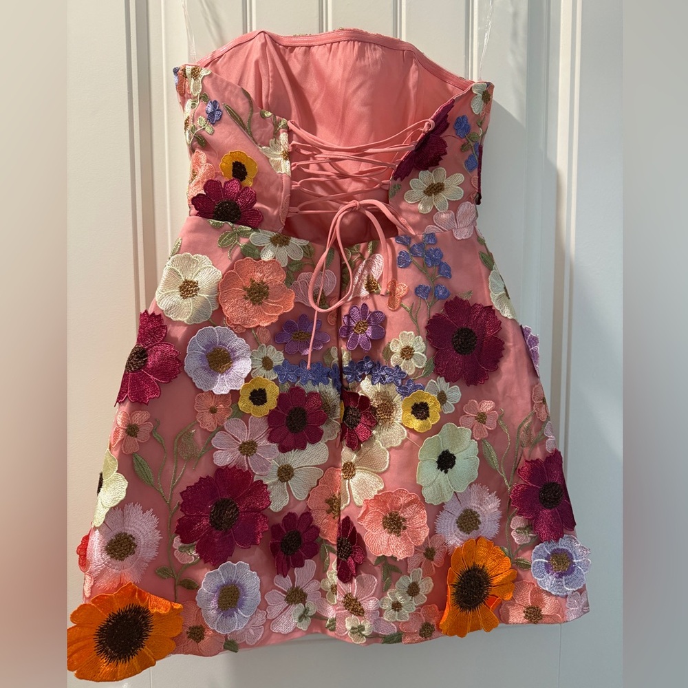 Petals in the air Strapless Pink Floral Embroidered Mini Dress - Picture 4 of 4